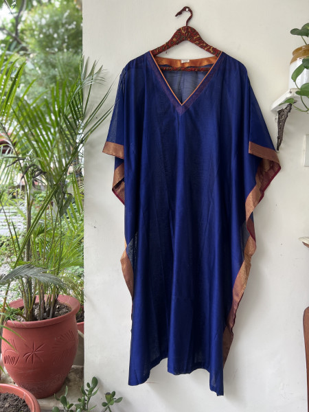 INDIGO & MAROON MAHESHWARI SILK & COTTON KAFTAN SET