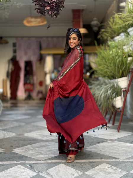 MAROON-INDIGO MODAL SILK AJRAKH BLOCK PRINT SARI