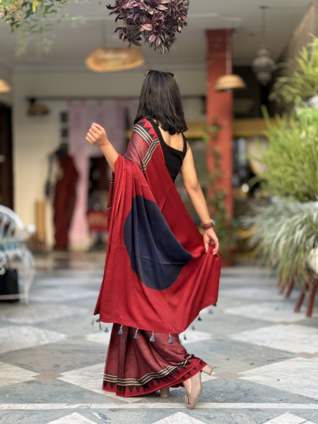 MAROON-INDIGO MODAL SILK AJRAKH BLOCK PRINT SARI