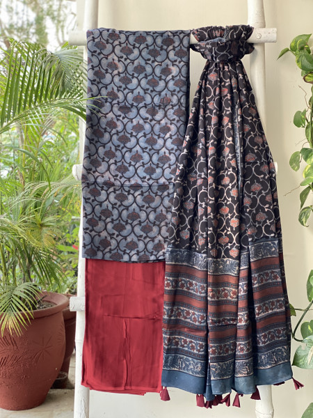 INDIGO-BLACK AJRAKH MODAL SILK DUPATTA SET