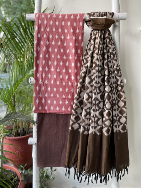 SHADED RED &  BROWN COTTON IKKAT DUPATTA SET