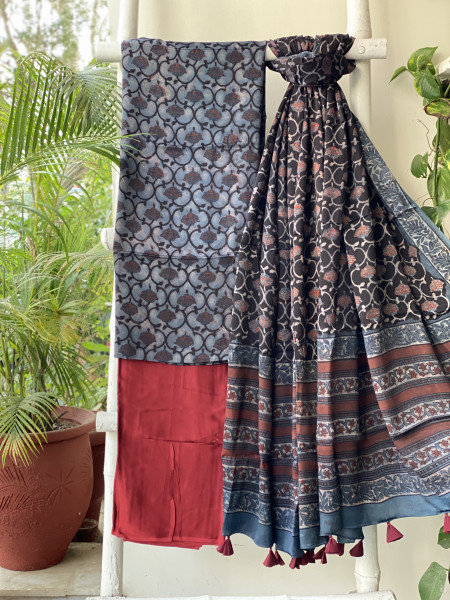INDIGO-BLACK AJRAKH MODAL SILK DUPATTA SET