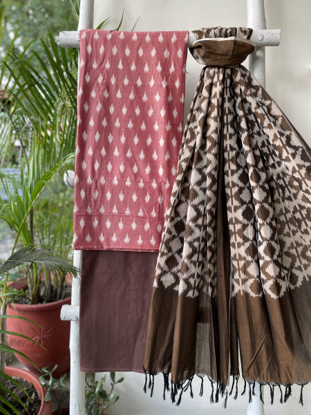 SHADED RED &  BROWN COTTON IKKAT DUPATTA SET