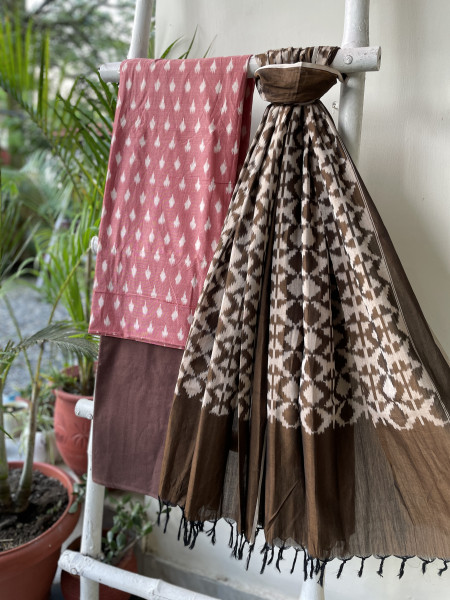 SHADED RED &  BROWN COTTON IKKAT DUPATTA SET