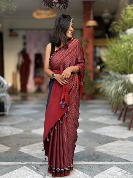MAROON-INDIGO MODAL SILK AJRAKH BLOCK PRINT SARI
