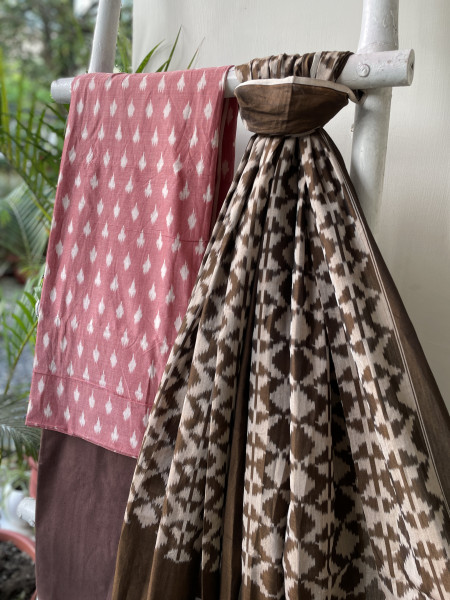 SHADED RED &  BROWN COTTON IKKAT DUPATTA SET