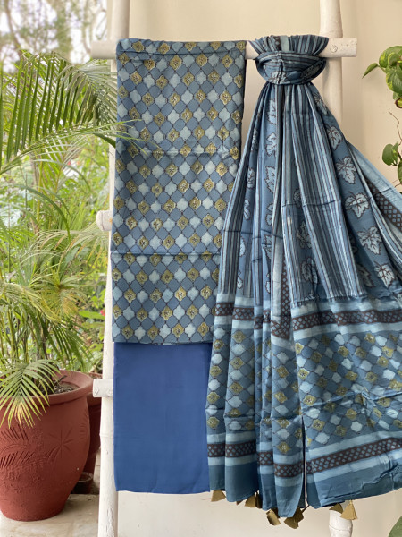 INDIGO AJRAKH MODAL SILK DUPATTA SET