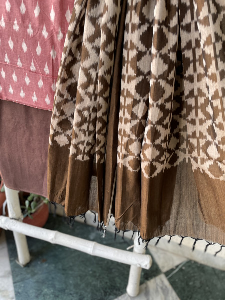 SHADED RED &  BROWN COTTON IKKAT DUPATTA SET