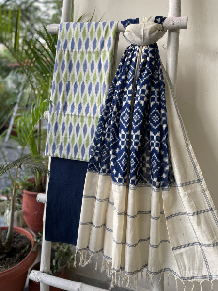 OFF WHITE & BLUE COTTON IKKAT DUPATTA SET