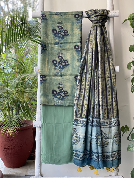 GREEN AJRAKH MODAL SILK DUPATTA SET
