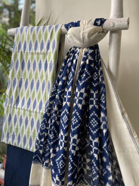 OFF WHITE & BLUE COTTON IKKAT DUPATTA SET