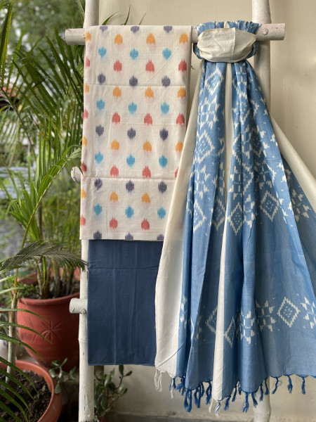 OFF WHITE- BLUE COTTON IKKAT DUPATTA SET