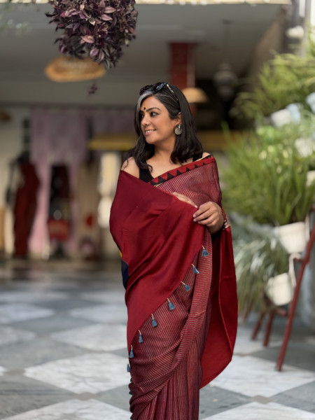 MAROON-INDIGO MODAL SILK AJRAKH BLOCK PRINT SARI