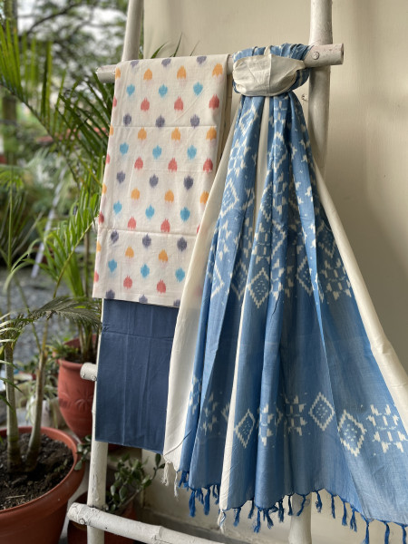 OFF WHITE- BLUE COTTON IKKAT DUPATTA SET