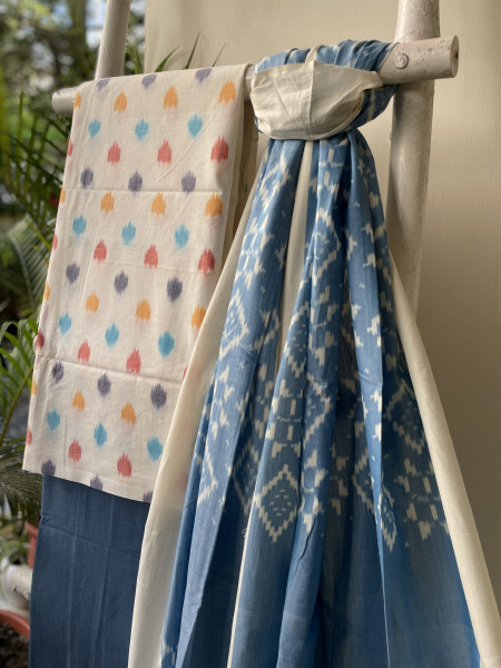 OFF WHITE- BLUE COTTON IKKAT DUPATTA SET