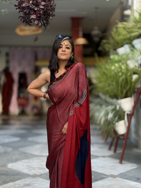 MAROON-INDIGO MODAL SILK AJRAKH BLOCK PRINT SARI