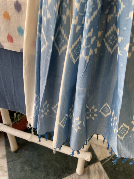 OFF WHITE- BLUE COTTON IKKAT DUPATTA SET