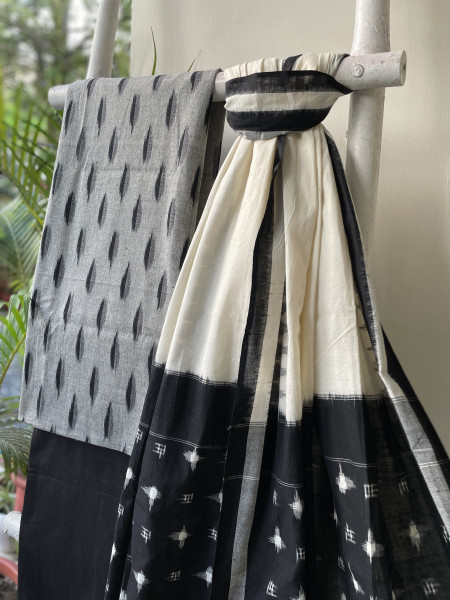 GREY & BLACK COTTON IKKAT DUPATTA SET