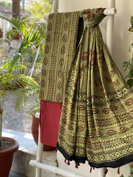 MEHNDI GREEN AJRAKH MODAL SILK DUPATTA SET