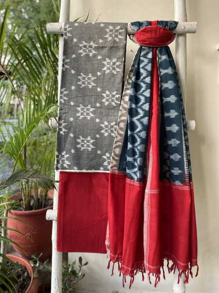 GREY & RED COTTON IKKAT DUPATTA SET