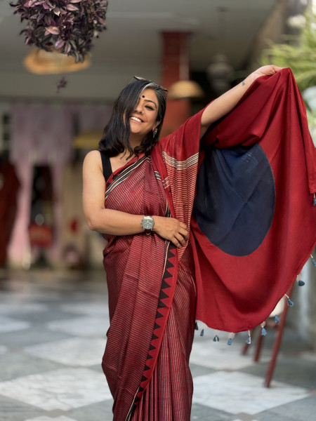 MAROON-INDIGO MODAL SILK AJRAKH BLOCK PRINT SARI