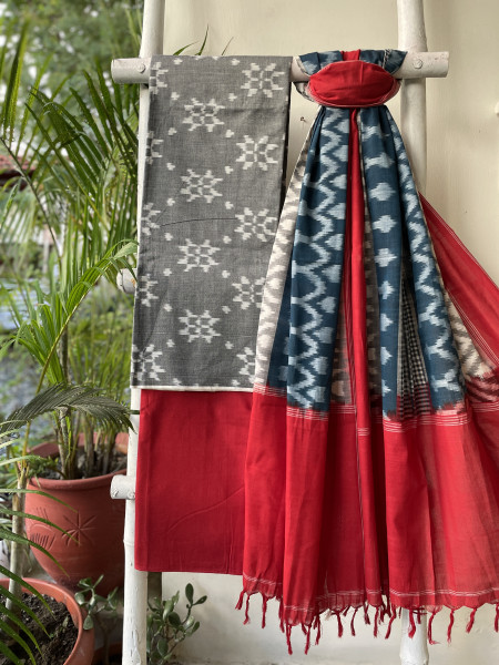 GREY & RED COTTON IKKAT DUPATTA SET