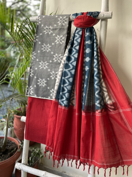 GREY & RED COTTON IKKAT DUPATTA SET