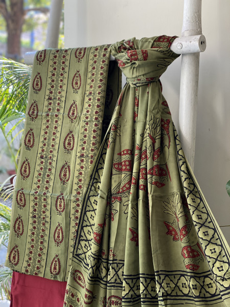 MEHNDI GREEN AJRAKH MODAL SILK DUPATTA SET