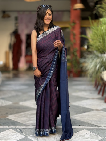 INDIGO-MAROON MODAL SILK AJRAKH BLOCK PRINT SARI