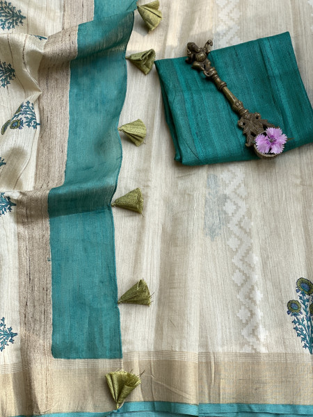 OFF WHITE-AQUA  HAND BLOCK PRINT HANDLOOM SILK SARI