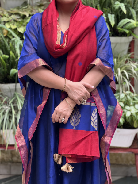 INDIGO & MAROON MAHESHWARI SILK & COTTON KAFTAN SET