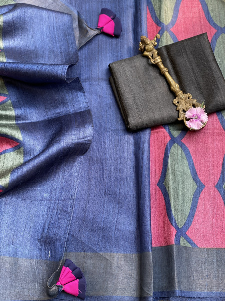 MAGENTA-SAGE BLOCK PRINT TUSSAR SILK SARI