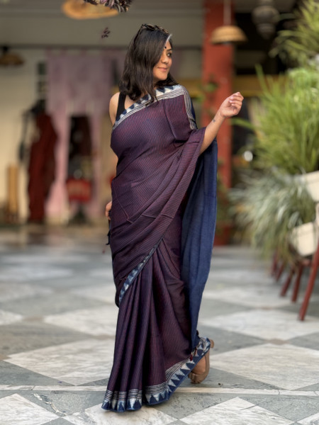 INDIGO-MAROON MODAL SILK AJRAKH BLOCK PRINT SARI