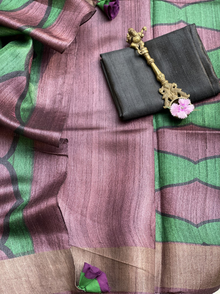 WINE-GREEN BLOCK PRINT TUSSAR SILK SARI