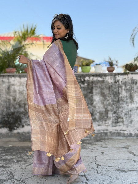 MAUVE-CARAMEL HAND WOVEN TUSSAR SILK SARI