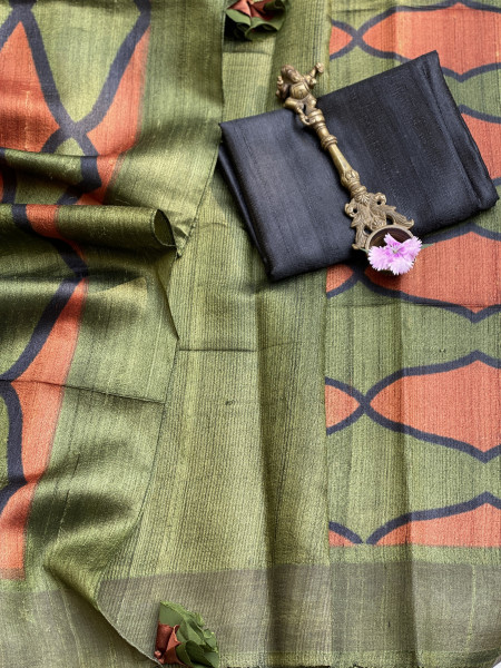 RUST-MEHNDI BLOCK PRINT TUSSAR SILK SARI