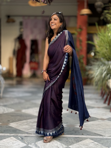 INDIGO-MAROON MODAL SILK AJRAKH BLOCK PRINT SARI
