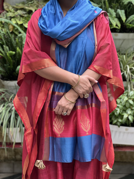 CORAL & BLUE MAHESHWARI SILK & COTTON KAFTAN SET