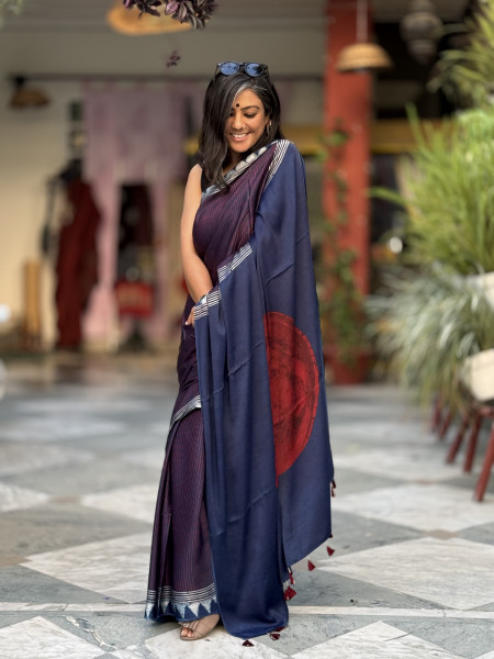 INDIGO-MAROON MODAL SILK AJRAKH BLOCK PRINT SARI