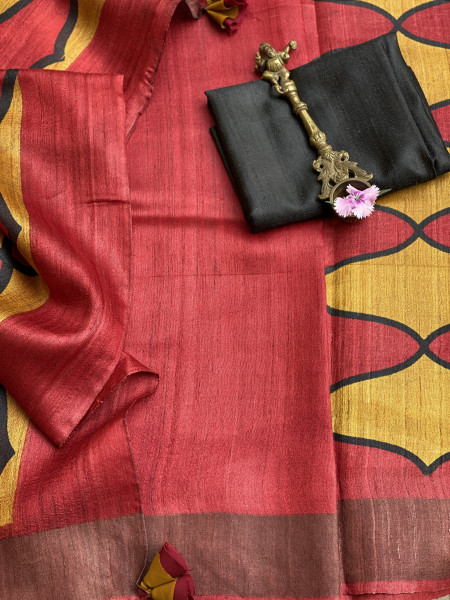 RED-YELLOW BLOCK PRINT TUSSAR SILK SARI