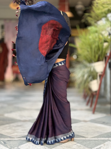 INDIGO-MAROON MODAL SILK AJRAKH BLOCK PRINT SARI