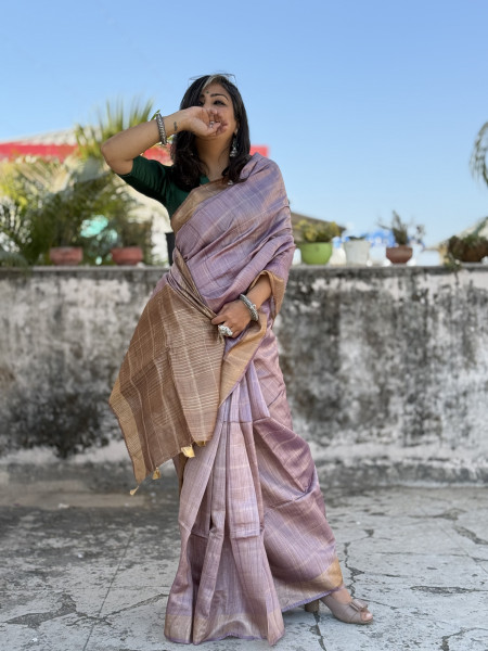 MAUVE-CARAMEL HAND WOVEN TUSSAR SILK SARI