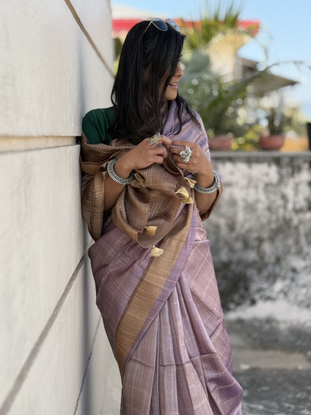 MAUVE-CARAMEL HAND WOVEN TUSSAR SILK SARI