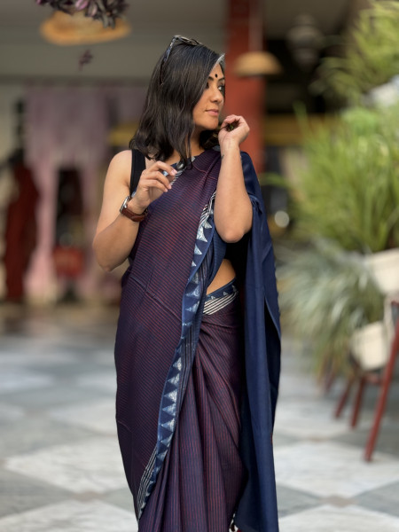 INDIGO-MAROON MODAL SILK AJRAKH BLOCK PRINT SARI