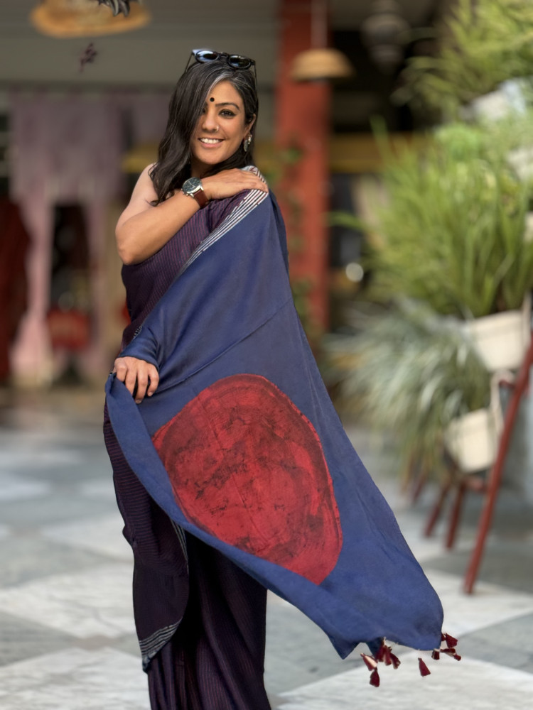 Image of INDIGO-MAROON MODAL SILK AJRAKH BLOCK PRINT SARI