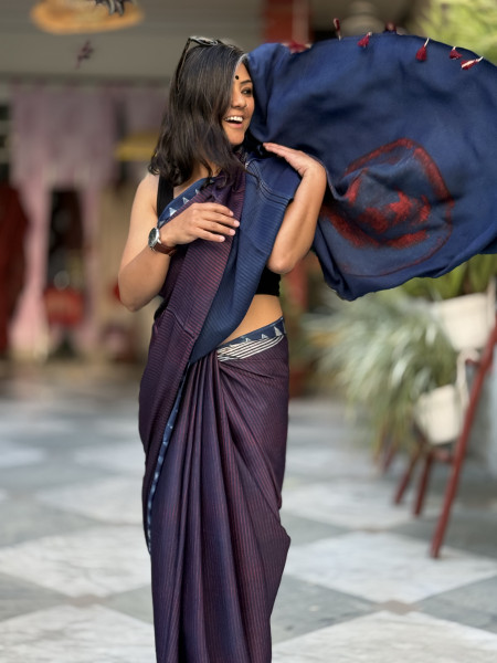INDIGO-MAROON MODAL SILK AJRAKH BLOCK PRINT SARI
