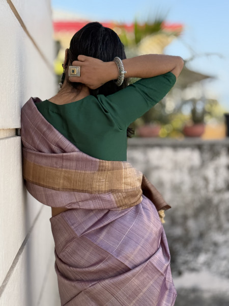 MAUVE-CARAMEL HAND WOVEN TUSSAR SILK SARI