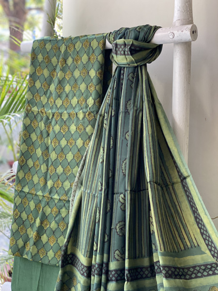 GREEN AJRAKH MODAL SILK DUPATTA SET