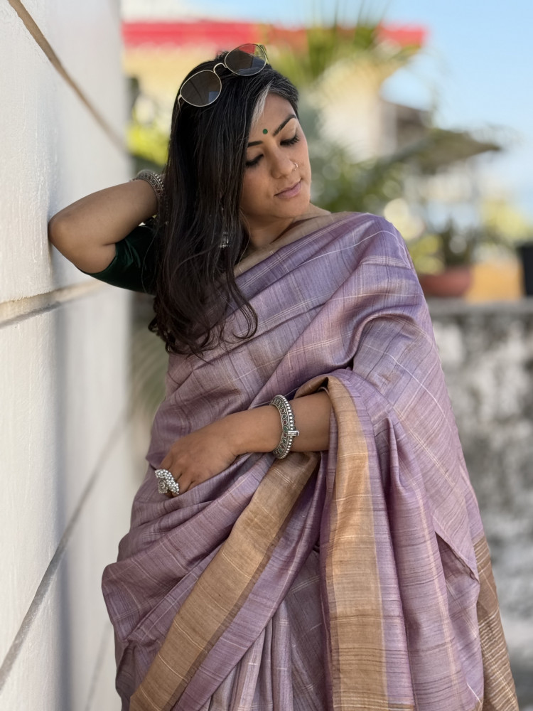 Image of MAUVE-CARAMEL HAND WOVEN TUSSAR SILK SARI