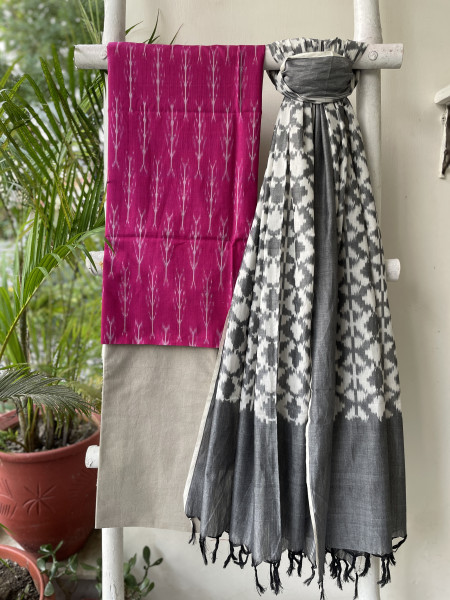 PINK & GREY COTTON IKKAT DUPATTA SET